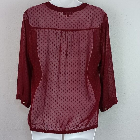 The Limited Women Burgundy Sheer Poka Dot Long Sleeve Top Sz M - Picture 8 of 11
